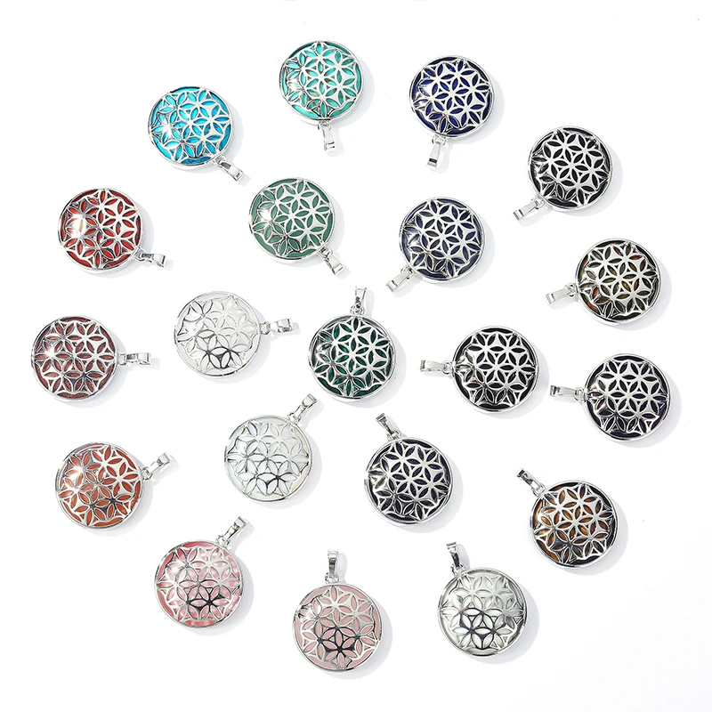 Wholesale Round Stone Openwork Alloy Flower Pendant Healing Crystals Pendants for Necklace Accessories