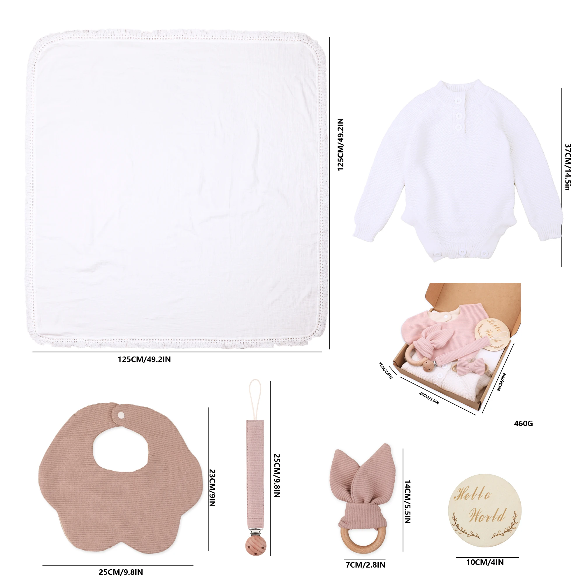 2024 Newborn Gift Set Baby Tassels Blanket Pacifier Chain Crochet Baby Jumpsuit Flora Bibs Rabbit Teether  Birth Gift Box