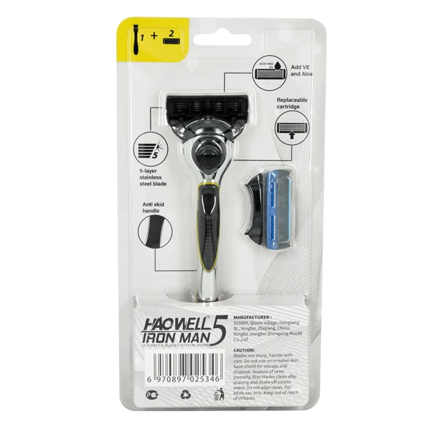 HAOWELL Low MOQ system five 5 blade shaving razor blade with metal handle OEM blister card packing