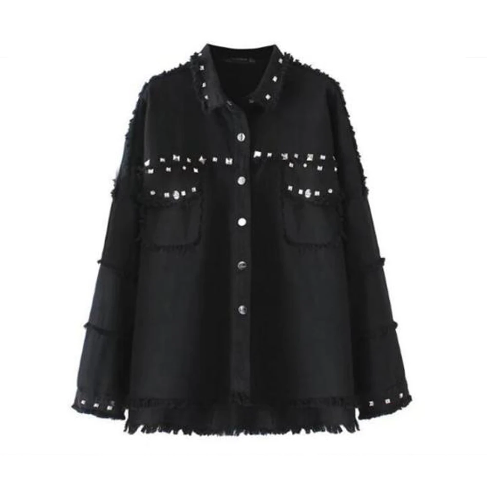 High street style black denim beaded rivet jeans coat jacket fro women