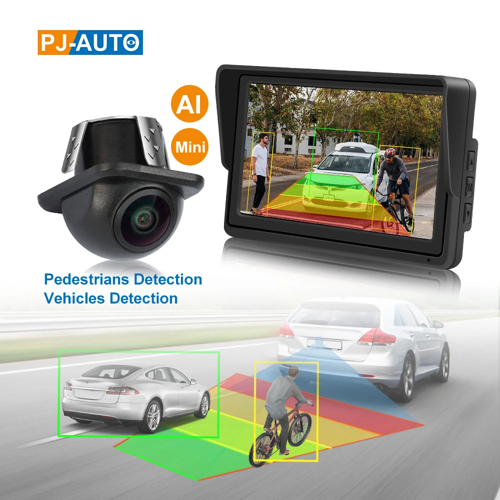 PJAUTO Mini AI Backup Camera Waterproof Night Vision AHD Blind Spot Detection System AI Reverse Rear View Camera for Car SUV VAN