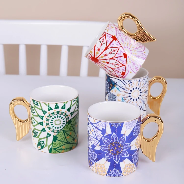 Angel Wing Gold Handle Porcelain Coffee Mugs Ceramic Mug Cups Gold Rim Coffee Cups