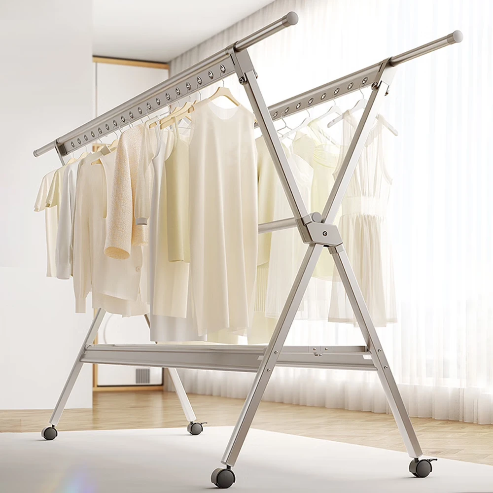 Double Rail Adjustable Rolling Garment Rack With Bottom Shelf and Wheels Dry Clothes Rack Display Rack