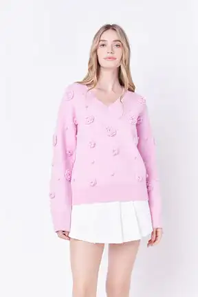 WINGTU Custom Private Label 3D Flower V Neck Pearl Pompom Heart Pattern Mock Sweater For Women