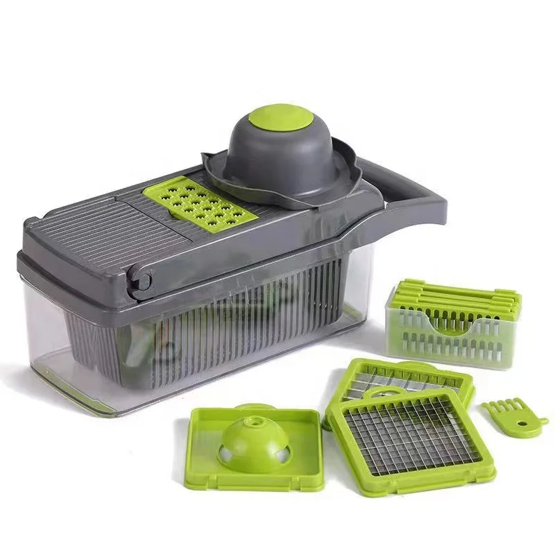 Kitchen Multi Functional Shredder Wet Fruits Drain Basket Blade Cutter Chopper Manual 8 in 1 Slicer Vegetable Grater Space White