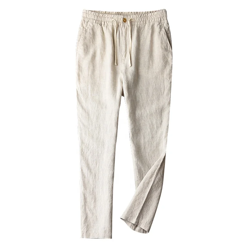 Eco-friendly Mens Beige Lightweight Hemp Trousers Pants Custom Straight Leg Casual Linen Pants For Men