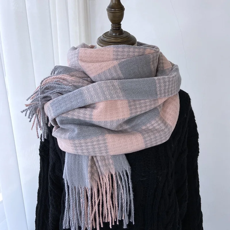 Winter Plaid Blanket Scarf Tartan Oversized Scarf Shawl Wraps Checkered Scarf with Fringes Blanket Shawl For Women Men 70 by 180