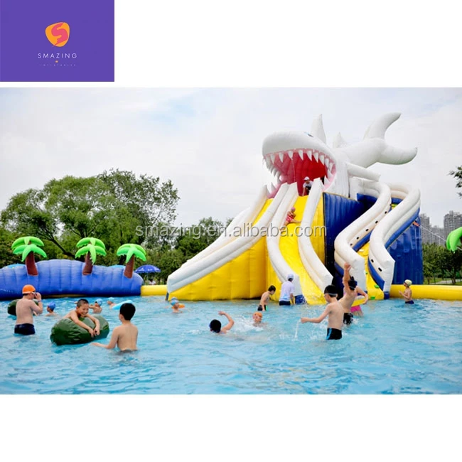 inflatable water theme park commercial large shark water slide pool inflatable water park kids with slide and large pool