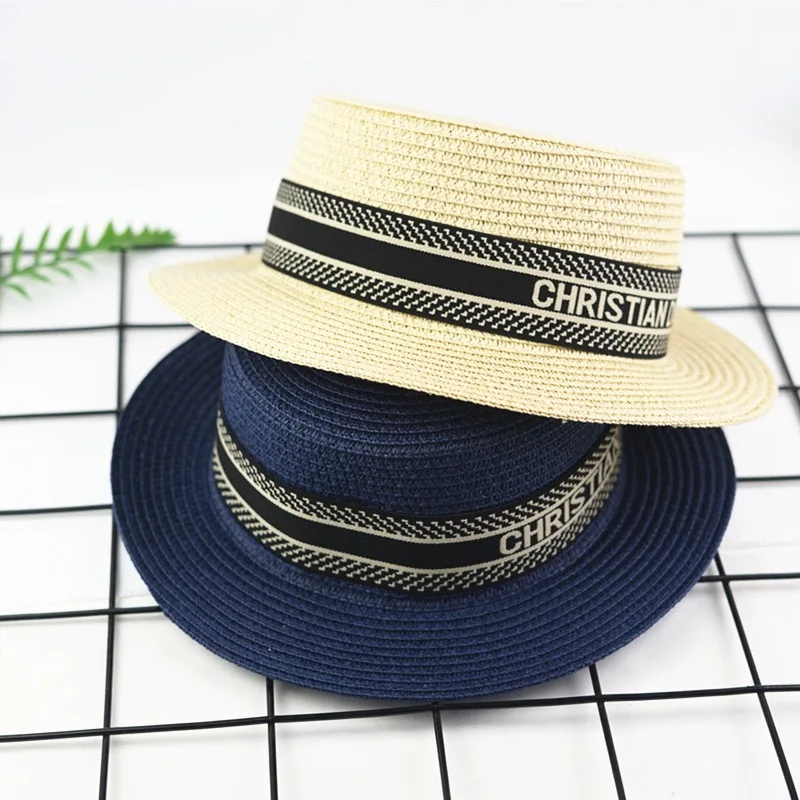 Factory Custom Flat Top Ribbon Band Eco-Friendly Panama Straw Hats Summer Beach Straw Hat Cap For Women