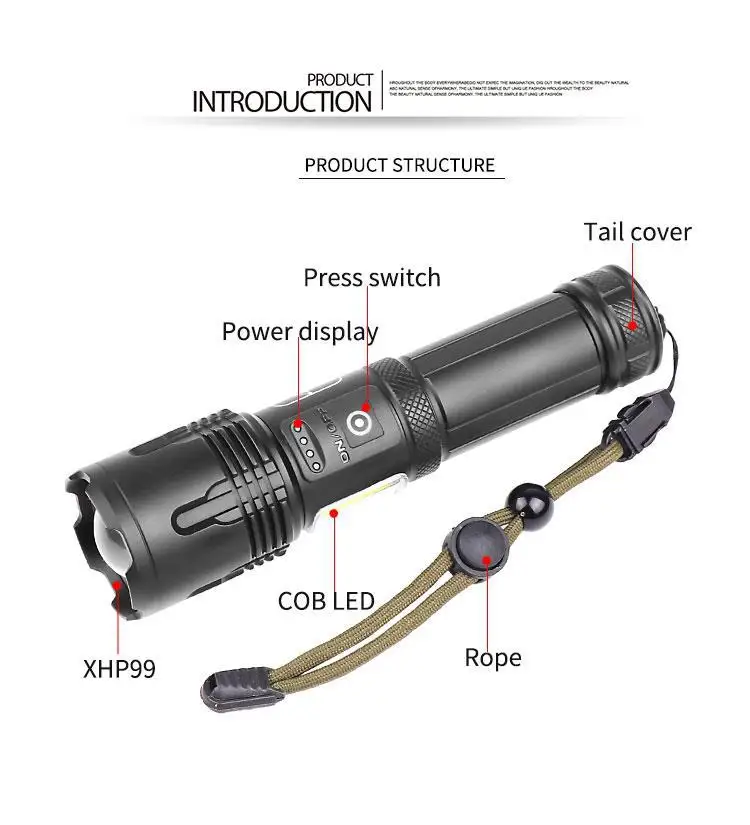 New design Powerful LED Flashlight USB Rechargeable LED Torch XHP99 Hand Lamp 26650 Power Display led camping light