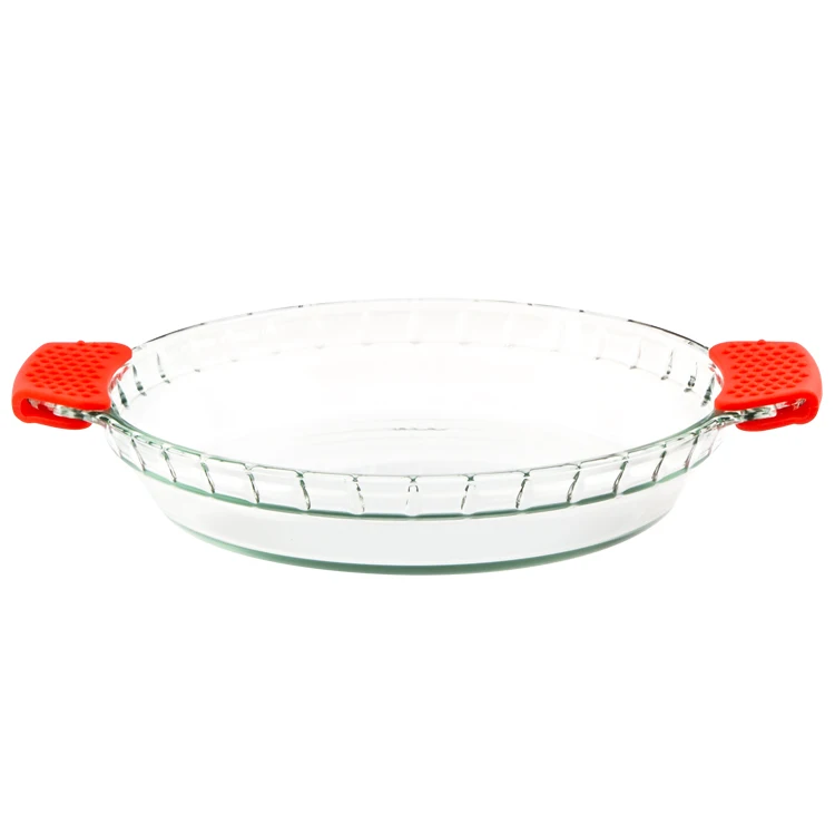 
Heat Resistant Oven Safe Microwavable Borosilicate Glass Pie Plate With Silicone Handle 