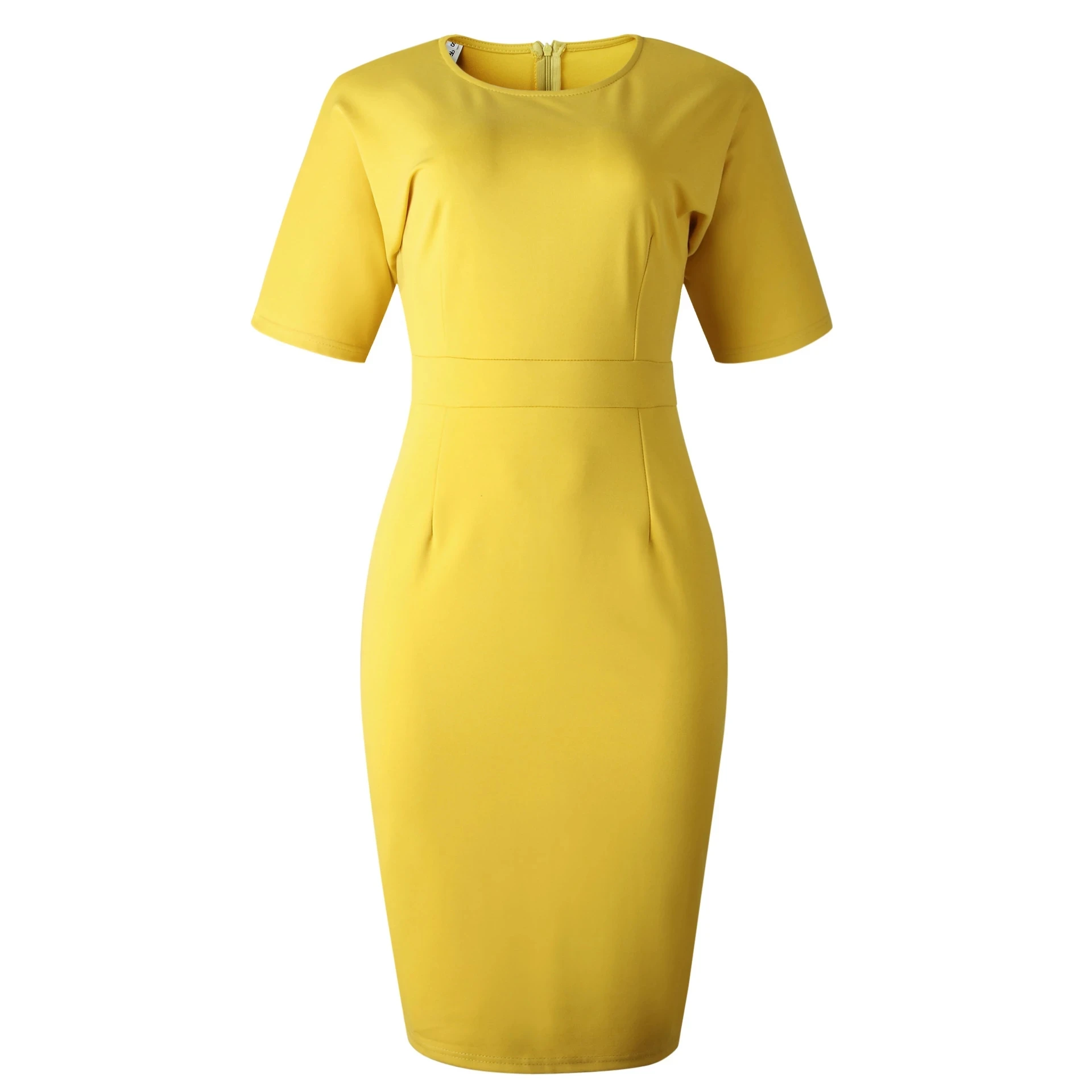 Fashion Yellow Slim Elegant Work Wear Short Sleeves O Neck Tight Elastic Large Size African Women Office Ladies Bodycon Dresses