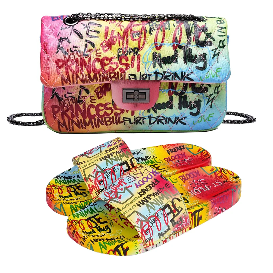 2021 graffiti women purses and handbags clutch leather shoes and bags match womens sandals with bag wholesale