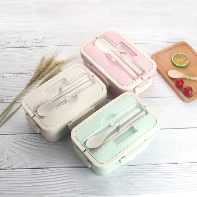 GEMEI Eco-Friendly Portable Bento Box Dishwasher Safe Plastic Wheat Straw Lunch Box with free fork spoon cutlery