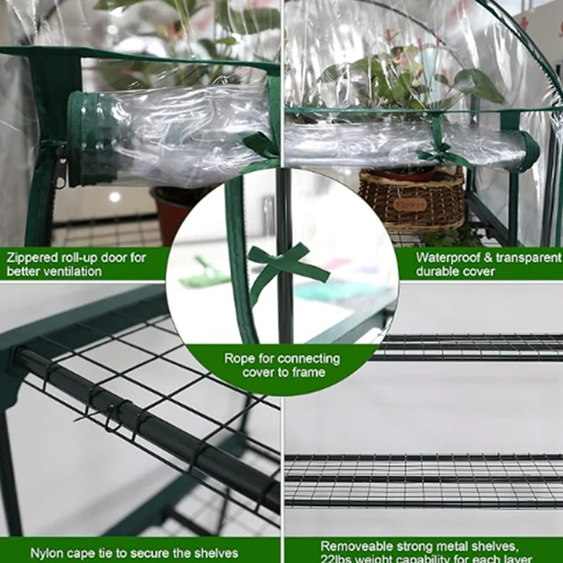 Sturdy Portable Metal Shelves Gardening Green House Indoor Outdoor 4 Tier Mini Greenhouse for Plants Flowers