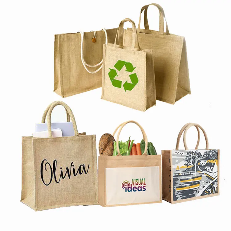 Lamination burlap custom logo color eco friendly grocery tote bags reusable sac en wedding gift jute shopping bag