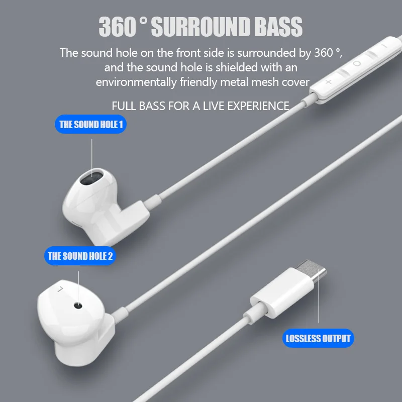 Type C in-ear Earphone with Mic For Huawei For Xiaomi
