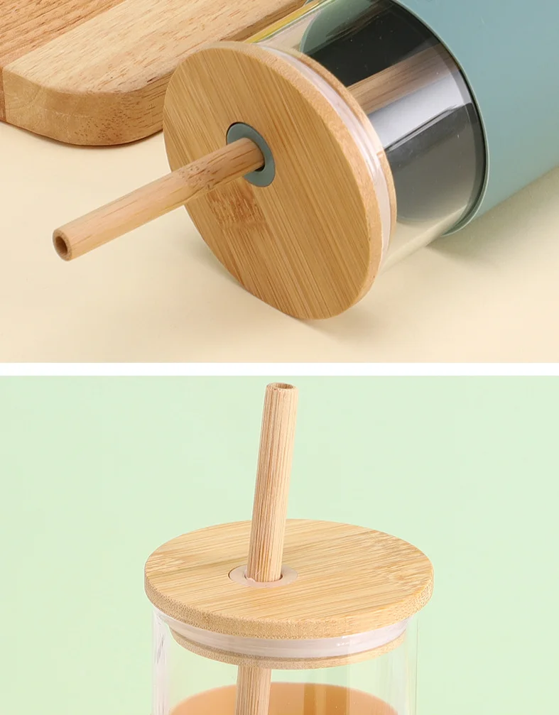 Eco Friendly 17/20/25oz Glass Office Water Bottle BPA Free with Straw Silicone Protective Sleeve Bamboo Lid