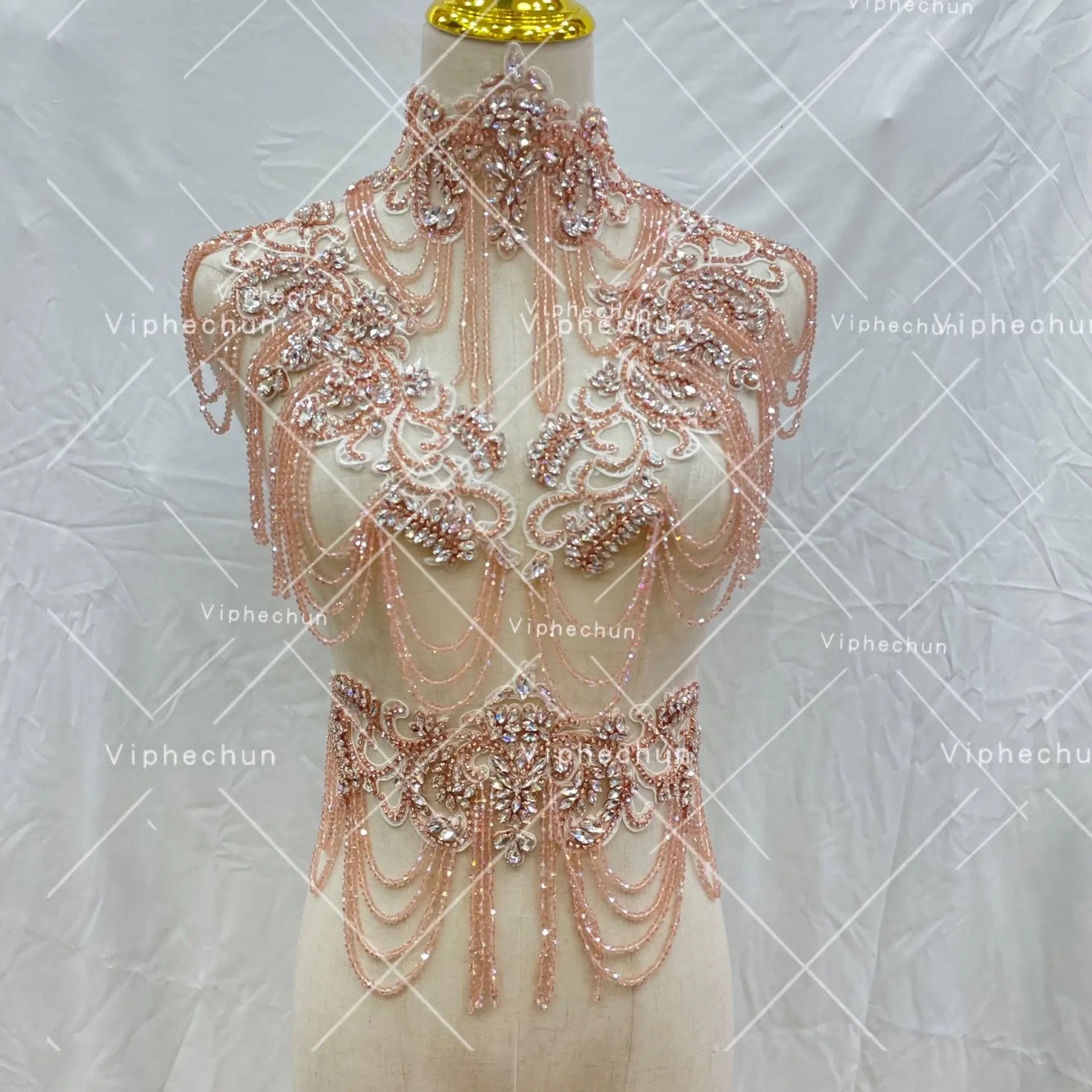 HC-36630 Hechun beatiful colour rhinestone applique patch with tassel fringe