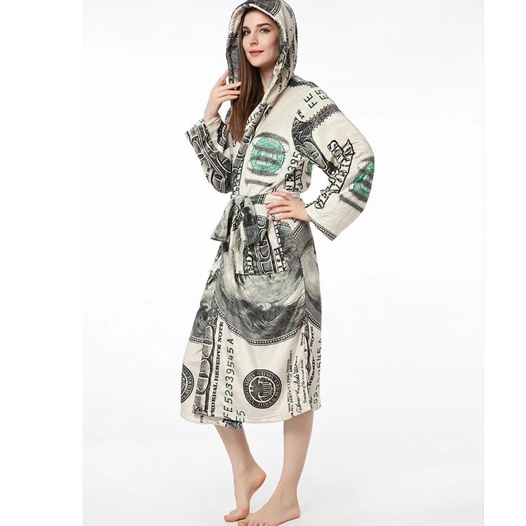 Flannel velvet bath robe bathrobes nightgown pajamas dollar billion women money print robes