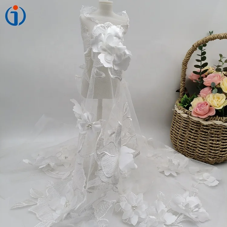 Luxury Polyester Textile White Pearl Hand Beaded Tulle Mesh 3D Flower Embroidered Fabric for Ladies Dress