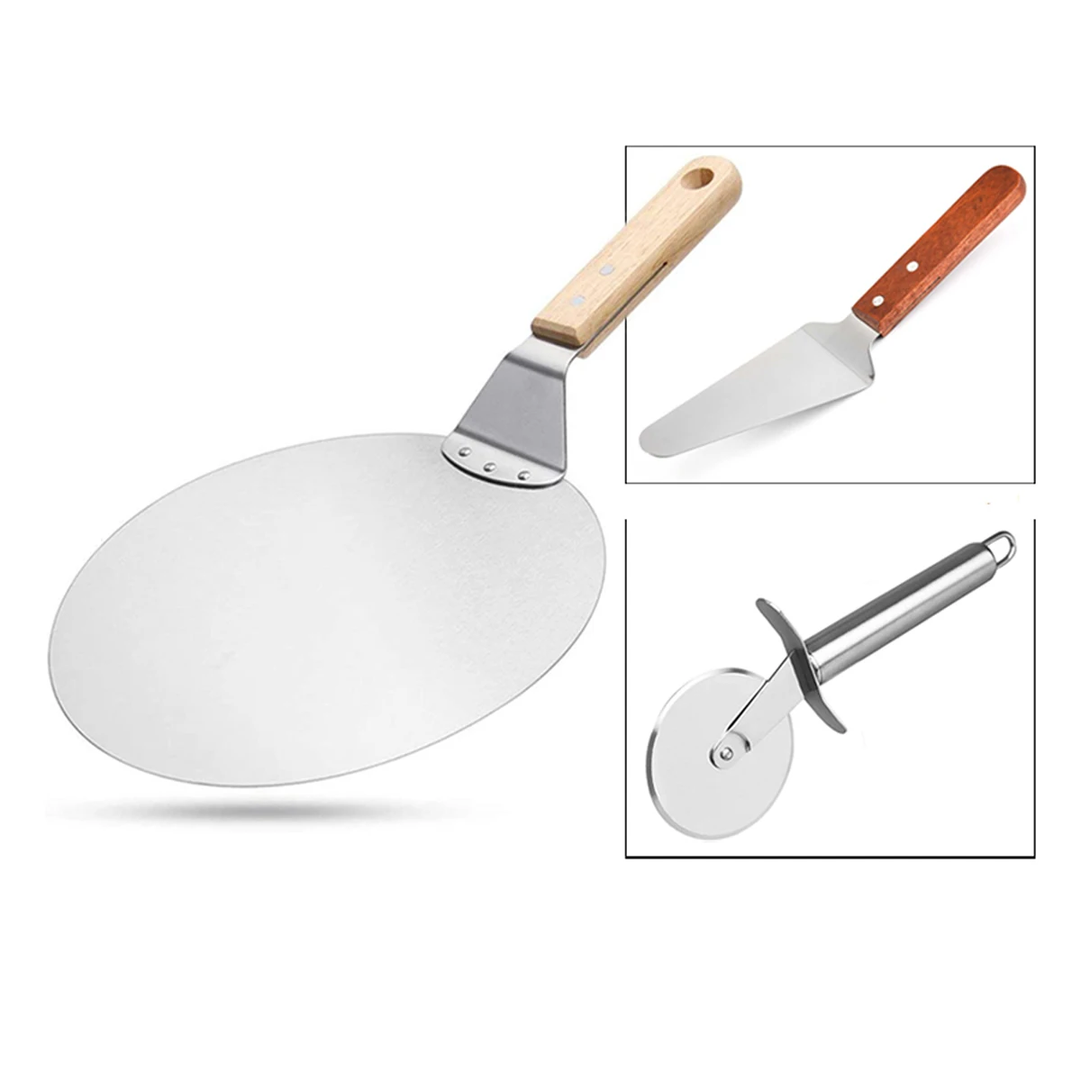  Homeplay Baking Tool Wooden Handle Pizza Shovel Stainless Steel Wheel Knife Cake Safety Transfer Device Three