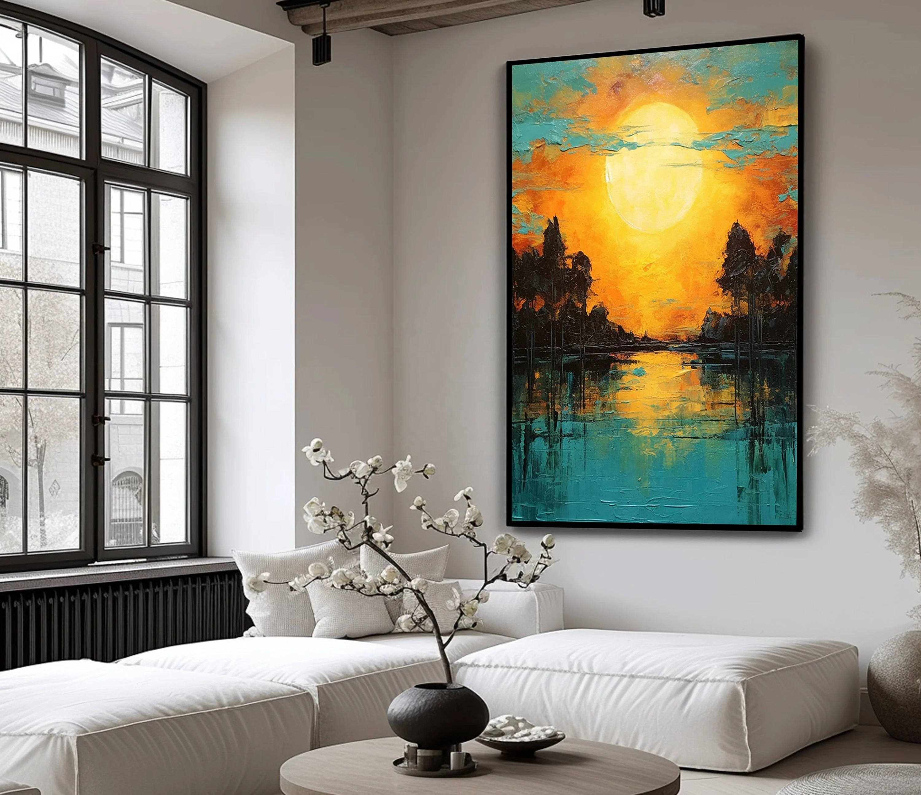 100% Hand-Painted Realistic Countryside Scenery Custom Oil Painting Canvas Wall Art Green Waters Mountain Home Decor