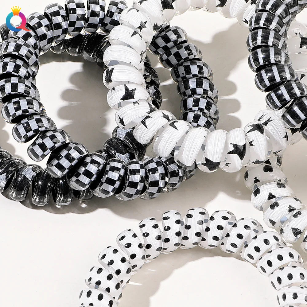 QIYUE black white spiral elastic hair tie telephone wire hair ring band ponytail holder