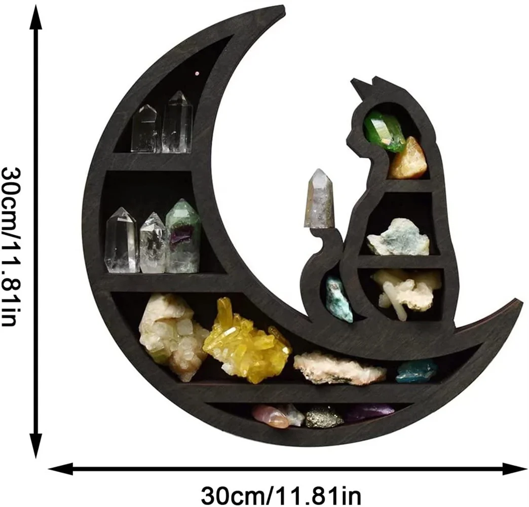 CaoXian HiHome Cat on The Moon Crystal Wood Shelf,  Beautiful and Delicate Engraved Moon Design