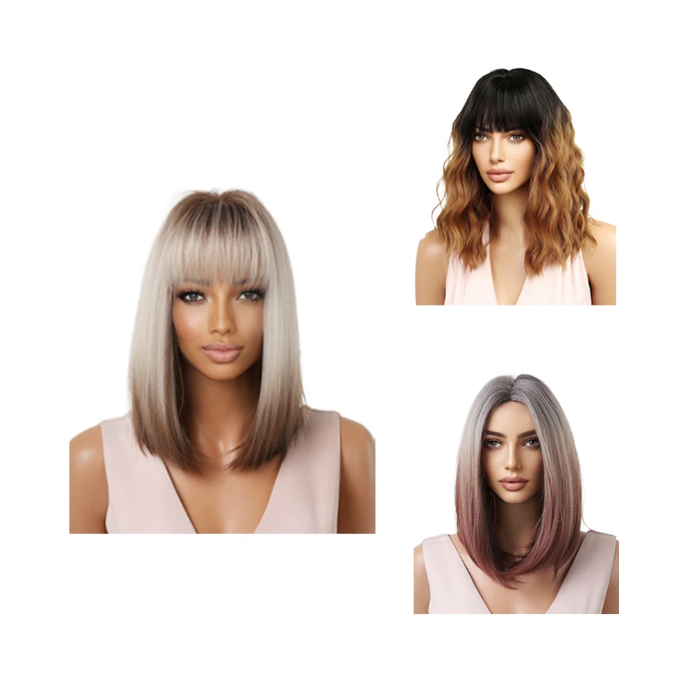 Wholesale Middle Part Layered Brown Blonde Bob Wigs Synthetic Ombre Color Straight Shoulder Length Short Bob Wigs