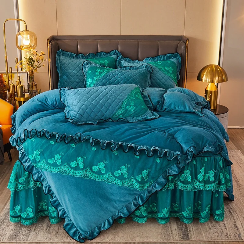 Comforter Bed Sheets and Skirt Bed Set Home Full Size Lace Velvet Embroidery Bedding Set Bedspread Bed Cover