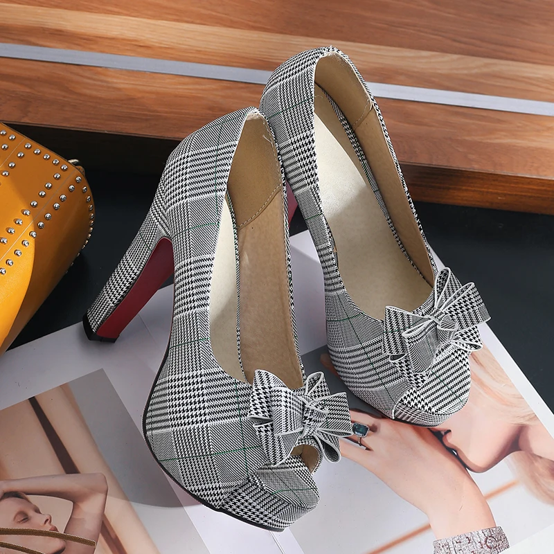 
Women Fashion Peep Toe Plaid Bow Platform Shoes Red Sole High Heels 