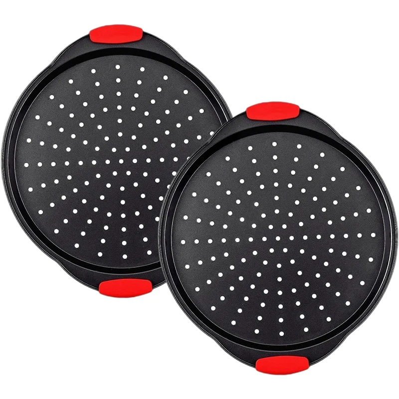 Wholesale New models premium gauge non stick carbon steel round perforation pizza tray with silicone handle Safe and scald proof