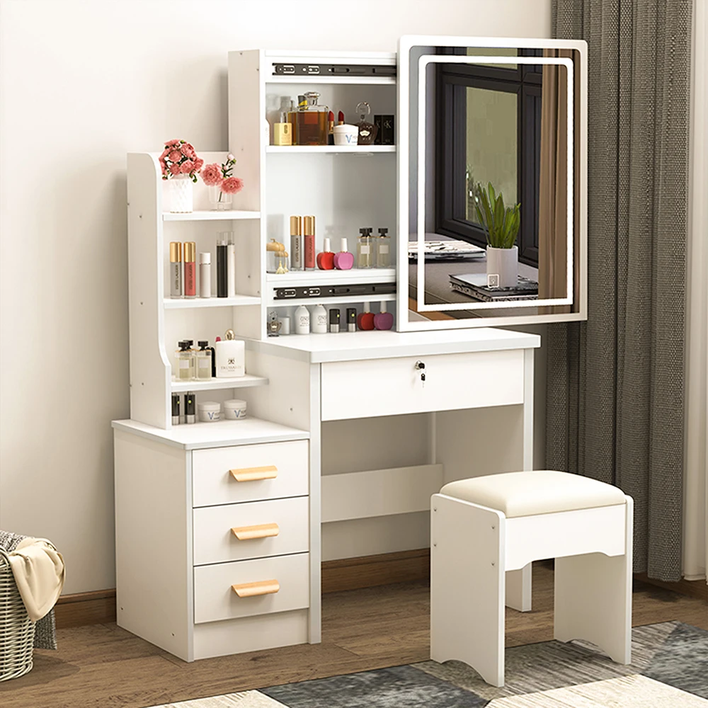 Dressing table with mirror and stool, wood makeup desk vanity table and cushioned stool set