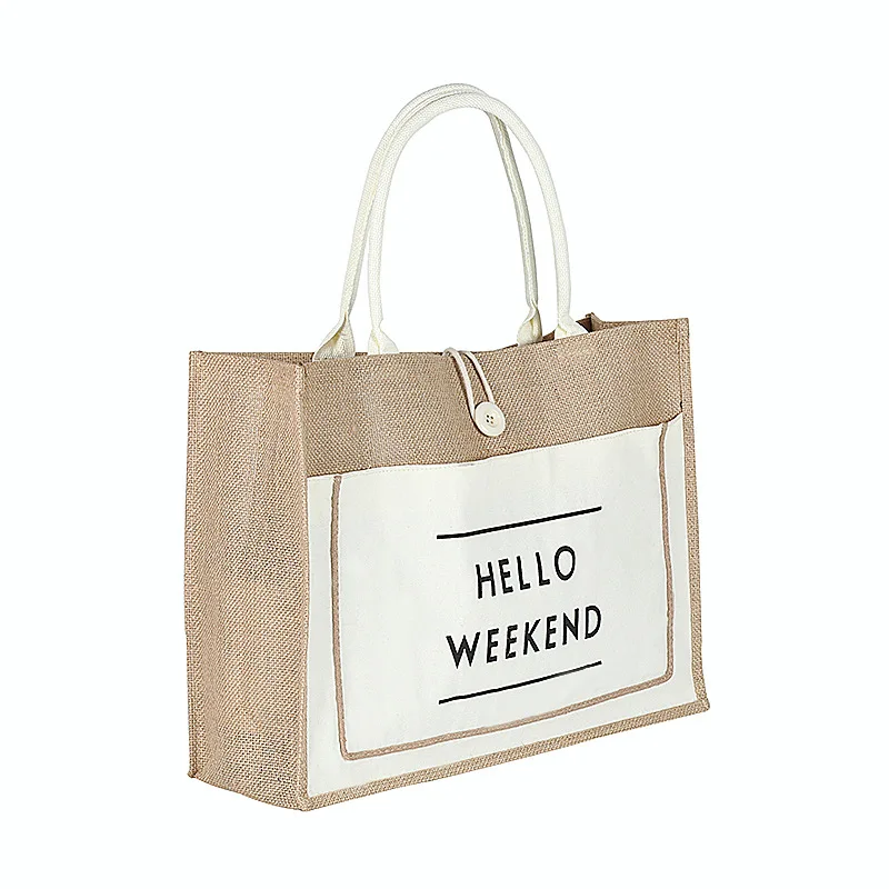 Large Capacity Shoulder Waterproof Beach Burlap Linen Custom Jute shopping Tote Bag with Print Logo
