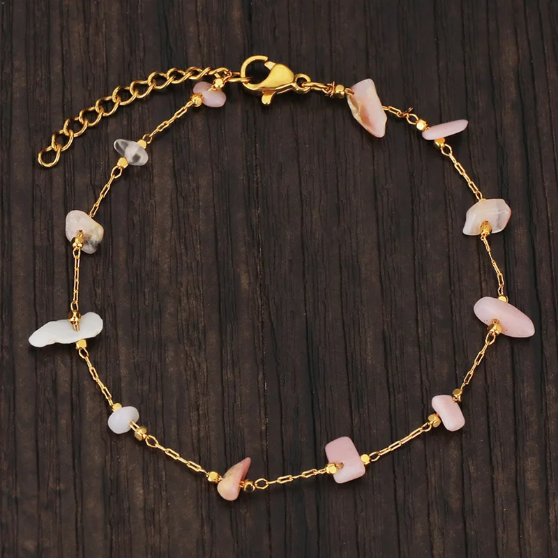 New Natural Stone Rose Quartz Tiger Eye Beads Bracelet Gold Plated Stainless Steel Chain Crushed Natural Stone Bracelet