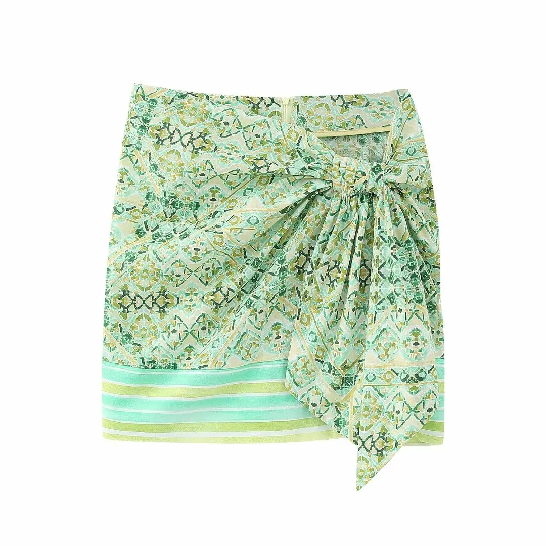 Hot sale green color side bow tie zipper fly floral print casual summer women mini skirt