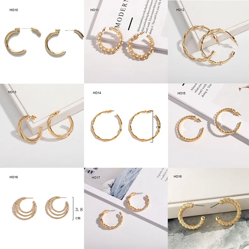 New vintage circle alloy oversized big hoop pearl gold plated earrings C-shaped geometric metal earrings for women hoop mix