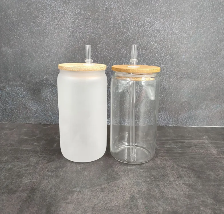 16 oz Blanks Soda Frosted Cups Tumbler Beer Sublimation Glass Can with Bamboo Lid and Straw