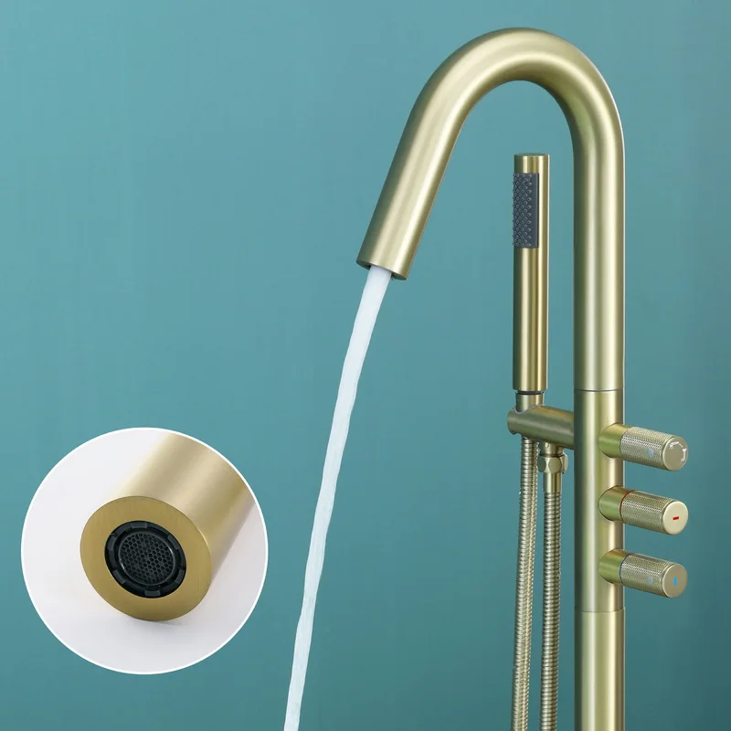 59% solid Brass Floor Mount Stand Freestanding Brushed Gold Rotating Bathtub Tub shower filter Faucet with hand shower sprayer