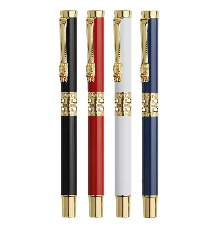 High Quality Custom Logo Metal Gel Pen Golden Black Roller with Hollow Sculpture Enterprise Business Hand Gift Promotional Pens