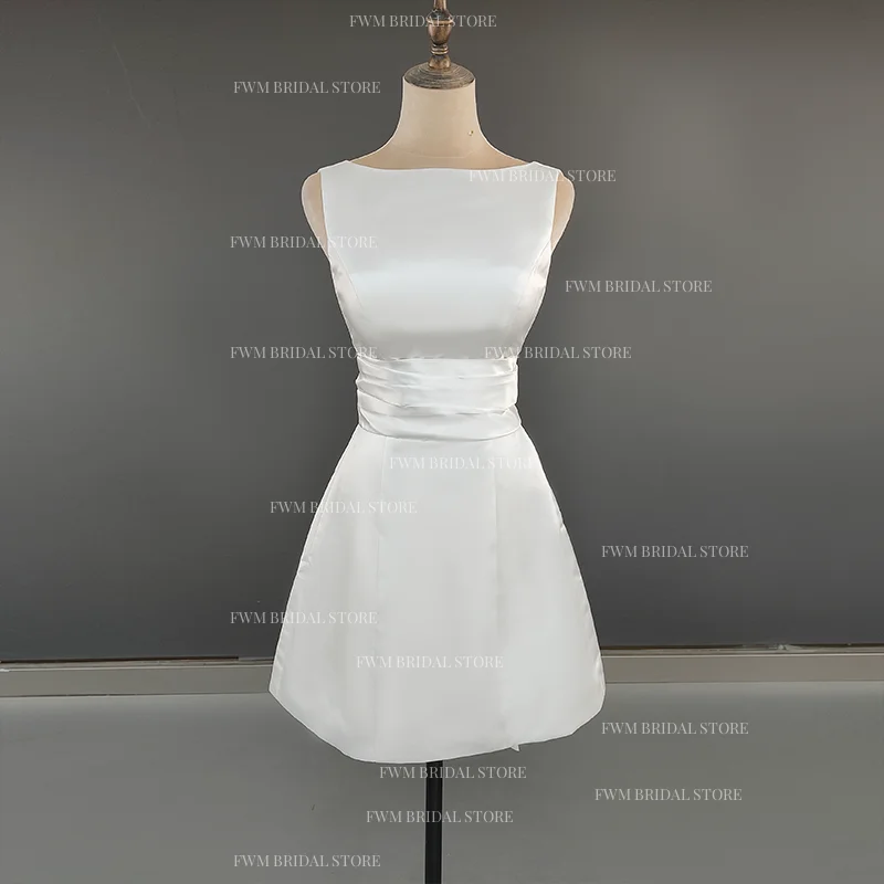 #15083 Real Photos Simple Short Sheath Boat Neck Wedding Dress Sleeveless Backless Belt Bow Stain Bridal Gown Even Party Skirt
