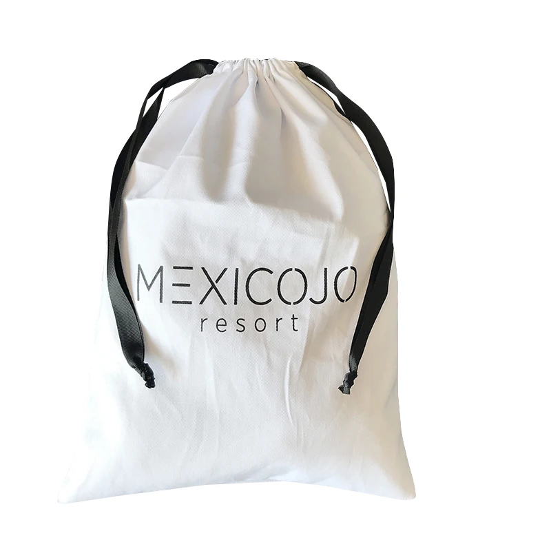 Высококачественные белые Саржевые хлопковые Сумки на шнурке 27x38 см с черным логотипом