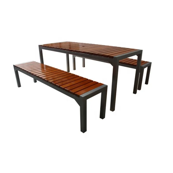 High quality long outdoor public wooden picnic table bench commercial use outside park and street wooden tables benches