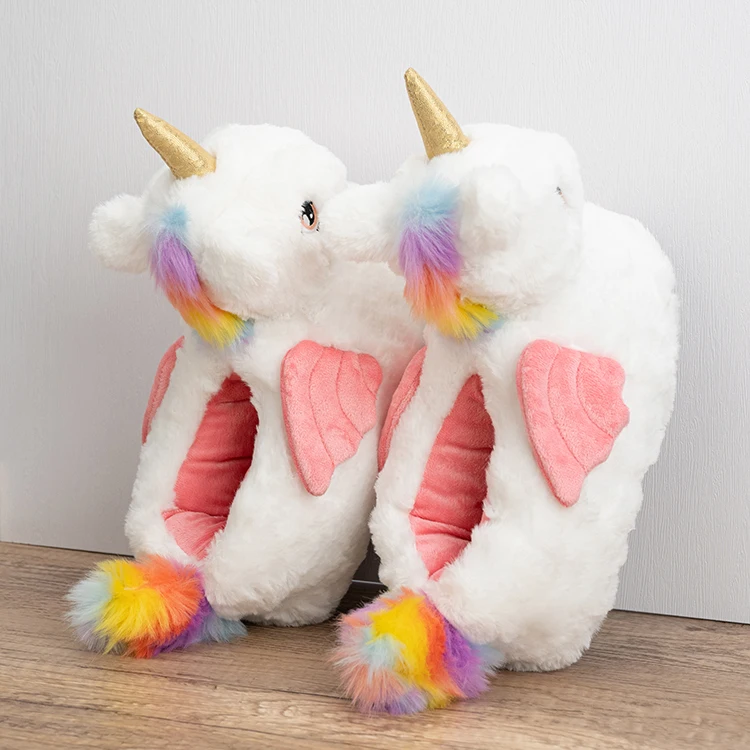 Wholesale custom colors fuzzy soft cozy winter warm cartoon kids animal cute cotton indoor home plush unicorn slippers for women