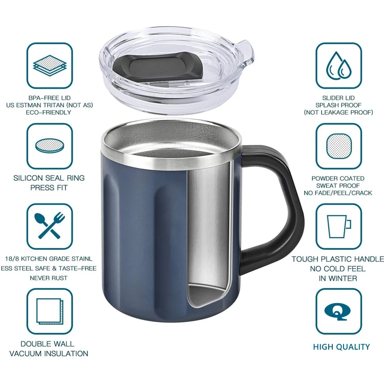 PURPLESEVEN Double Wall Vacuum Insulated 304 Stainless Steel 16oz Thermos Beer Mugs Travel Coffee Mug with Handle and Slider Lid
