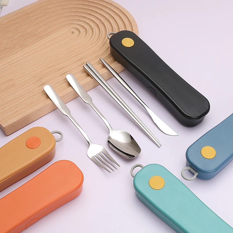 New Design Rotating Cutlery Set Stainless Steel Spoon Fork Knife Chopsticks With Eco Wheat Straw Case Portable Tableware