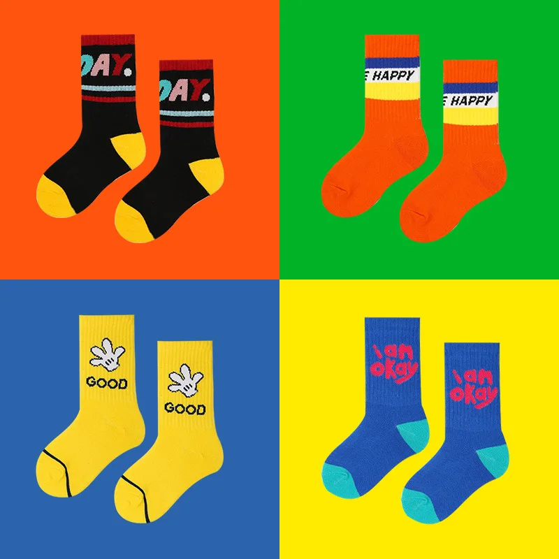 KTS478  Custom Jacquard Fashion Design Letters Logo Combed Cotton Bamboo Casual Kids Children Happy Crew Socks For Girls Boys
