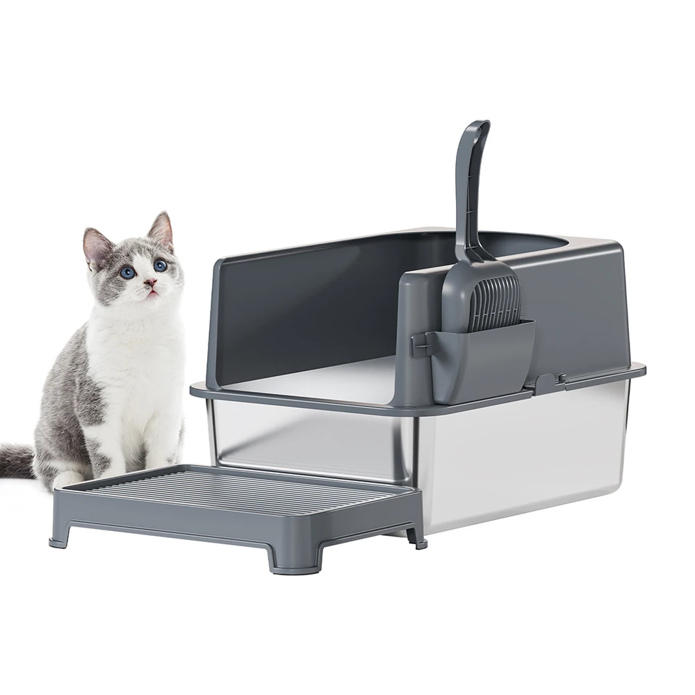 OEM Semi Enclosed Metal Litter Pan Tray With High Wall Foot-Board Scoop Durable Portable Luxury Stainless Steel Cat Litter Box