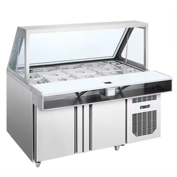 2m Stainless Steel Refrigerated Counters 10-24 Pans Counter Refrigerators Kitchen Salad 220v Compressor Cooling Chiller